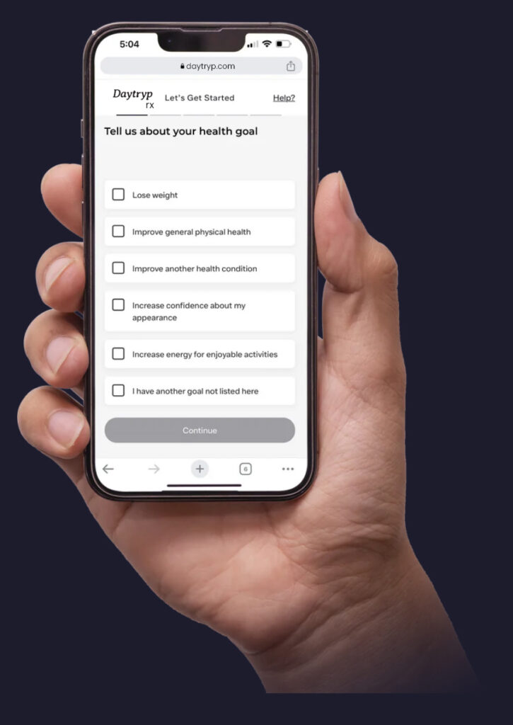 Smartphone screen displaying DT Peptides health goal questionnaire.
