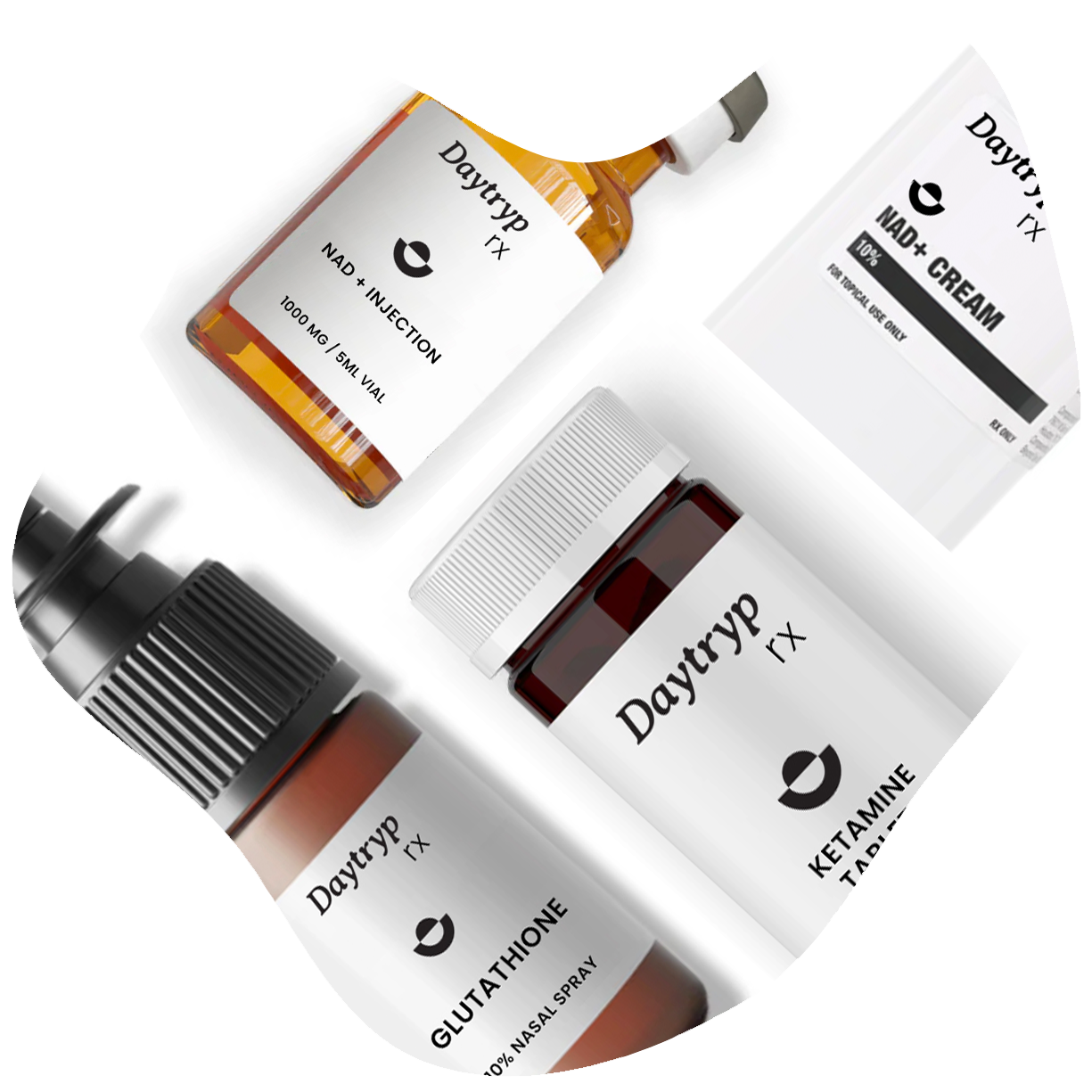 DT Peptides product collection including NAD+ Injection, Glutathione nasal spray, Ketamine tablets, and NAD+ Cream.