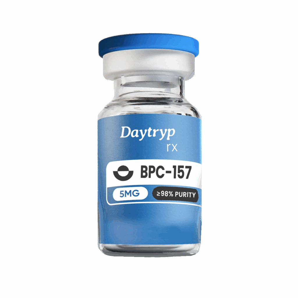 A clear glass vial with a blue cap and a label that reads "DT Peptides BPC-157 5MG ≥98% PURITY".