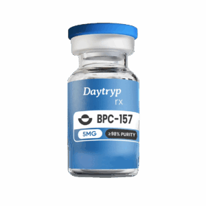 A clear glass vial with a blue cap and a label that reads "DT Peptides BPC-157 5MG ≥98% PURITY".