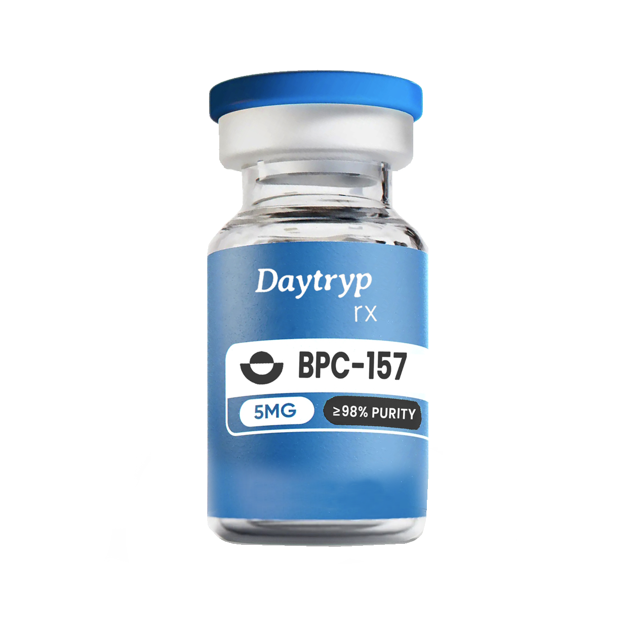BPC-157 noback noslant - DT Peptides A clear glass vial with a blue cap and a label that reads "DT Peptides BPC-157 5MG ≥98% PURITY".