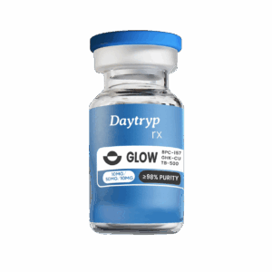 A clear glass vial with a blue cap and a label that reads "DT Peptides GLOW BPC-157 GHK-CU TB-500 10MG/50MG/10MG ≥98% PURITY".