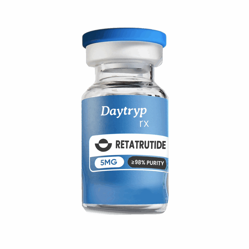 A clear glass vial with a blue cap and a label that reads "DT Peptides RETATRUTIDE 5MG ≥98% PURITY".