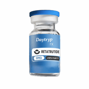 Retatrutide Injection noback noslant - DT Peptides A clear glass vial with a blue cap and a label that reads "DT Peptides RETATRUTIDE 5MG ≥98% PURITY".