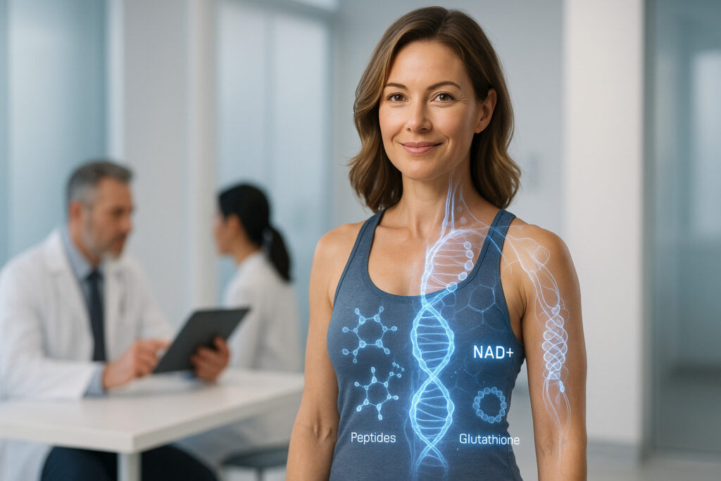 Beyond the Scale - Peptides for Cellular Rejuvenation and Anti-Aging - DT Peptides Smiling woman in a medical clinic with holographic overlays of peptides, NAD+, and glutathione molecules, symbolizing cellular rejuvenation and anti-aging benefits.